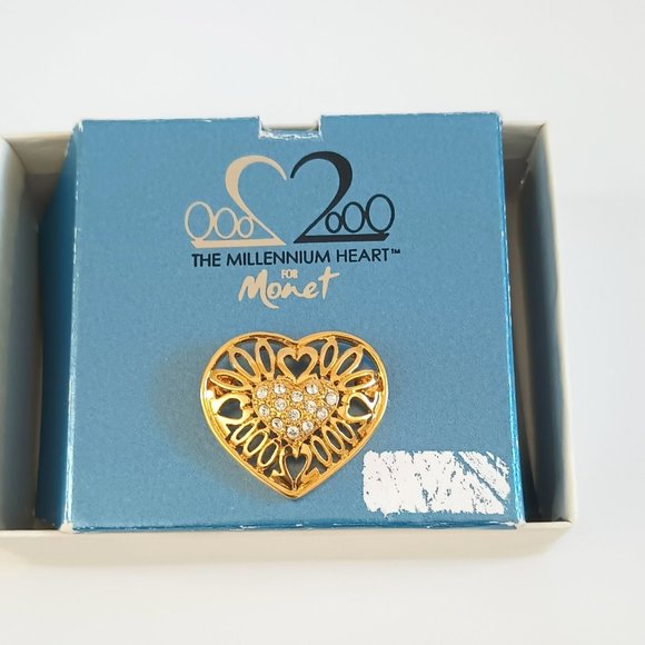 Monet Gold Millennium Heart Brooch with Crystal Pave Center Open Work 2000 Pin - Picture 5 of 5